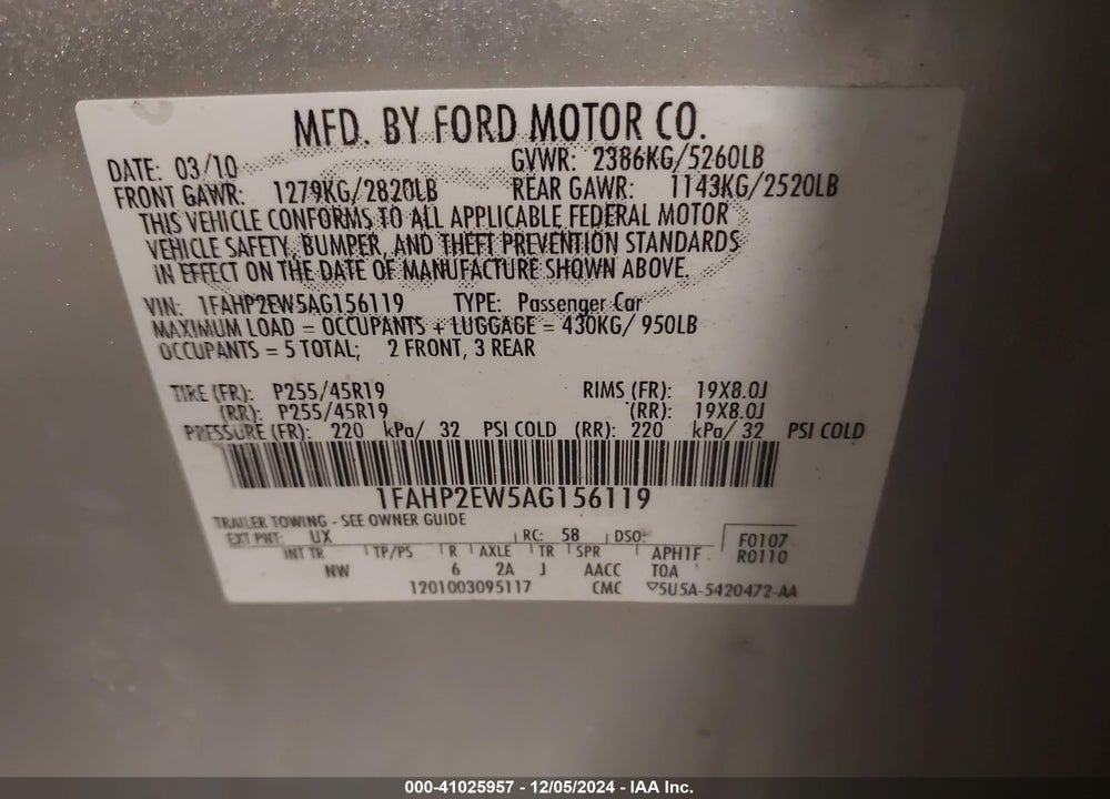 2010 FORD TAURUS SEL VIN: 1FAHP2EW5AG156119