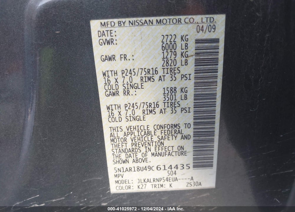 2009 NISSAN PATHFINDER S VIN: 5N1AR18U49C614435