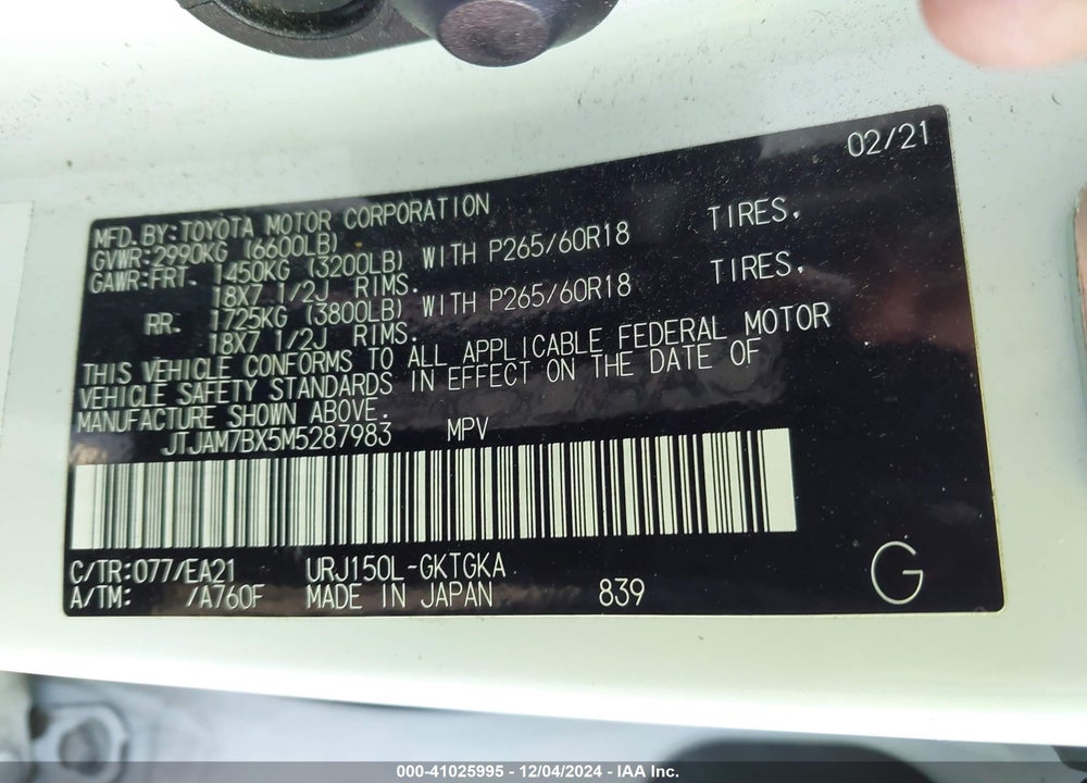 2021 LEXUS GX 460 PREMIUM VIN: JTJAM7BX5M5287983