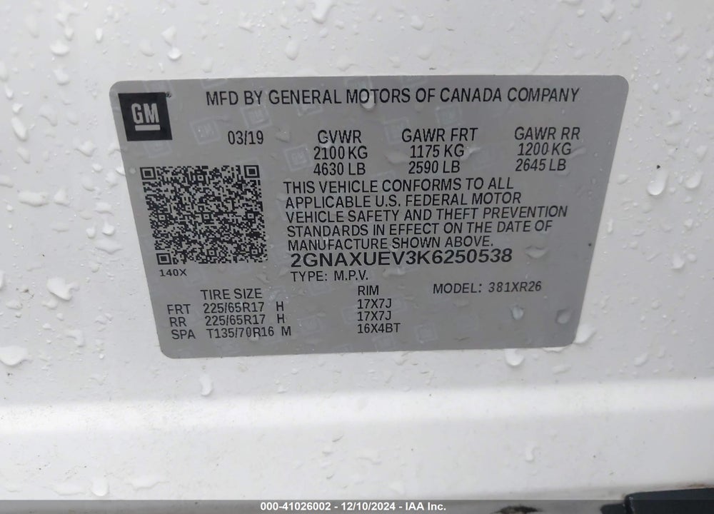 2019 CHEVROLET EQUINOX LT VIN: 2GNAXUEV3K6250538