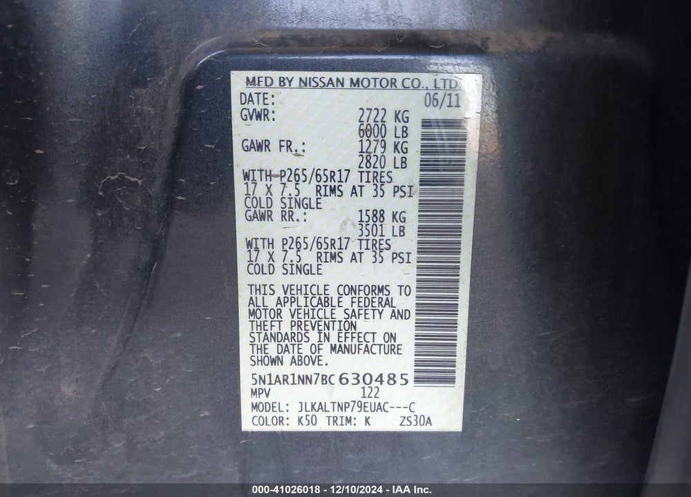 2011 NISSAN PATHFINDER SV VIN: 5N1AR1NN7BC630485