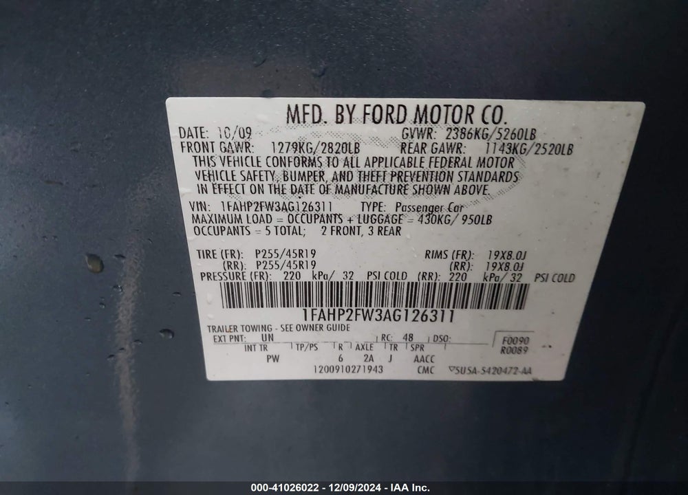 2010 FORD TAURUS LIMITED VIN: 1FAHP2FW3AG126311