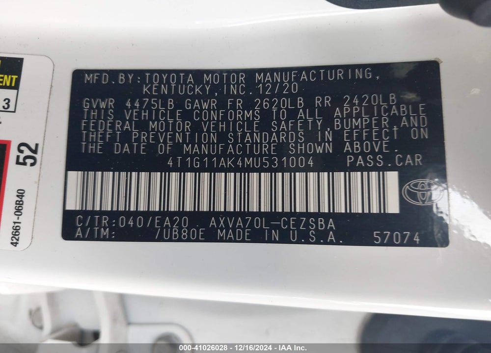 2021 TOYOTA CAMRY SE VIN: 4T1G11AK4MU531004