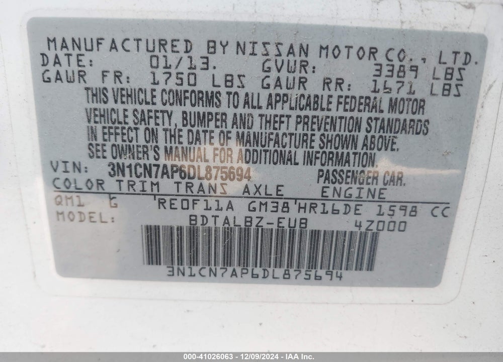 2013 NISSAN VERSA 1.6 SV VIN: 3N1CN7AP6DL875694
