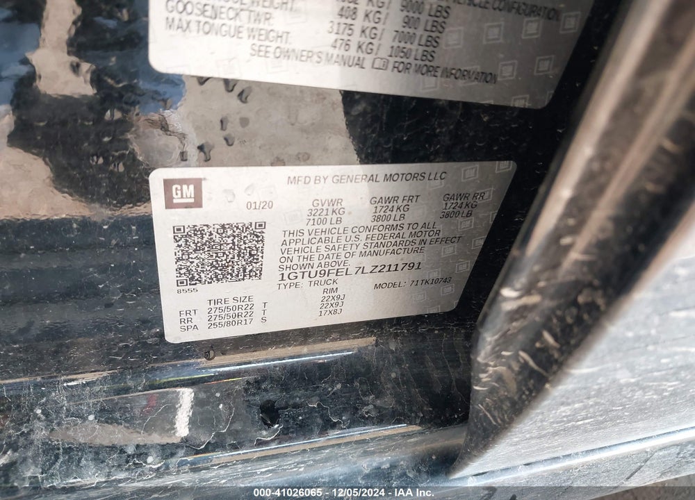 2020 GMC SIERRA 1500 4WD STANDARD BOX DENALI VIN: 1GTU9FEL7LZ211791