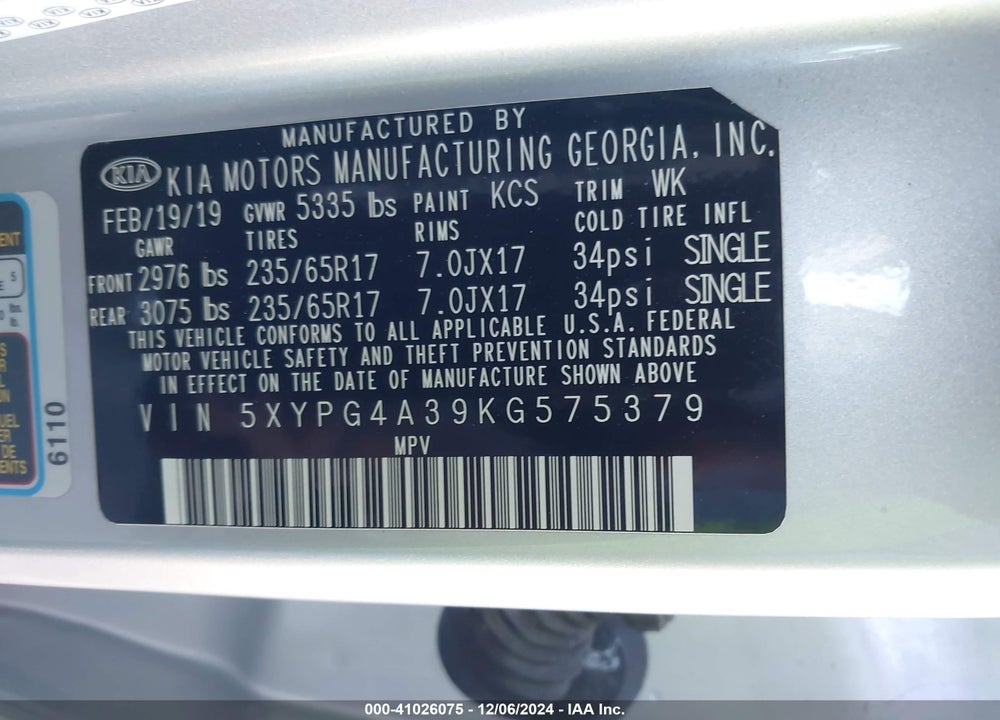 2019 KIA SORENTO 2.4L L VIN: 5XYPG4A39KG575379