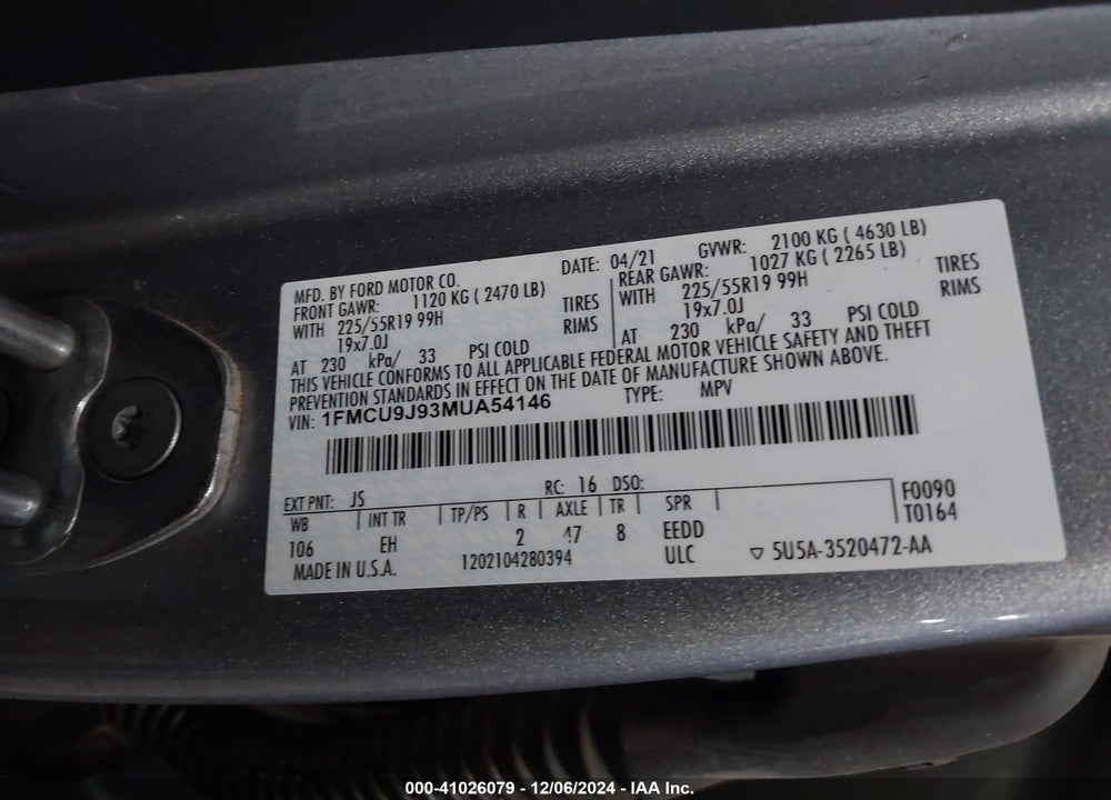 2021 FORD ESCAPE TITANIUM VIN: 1FMCU9J93MUA54146