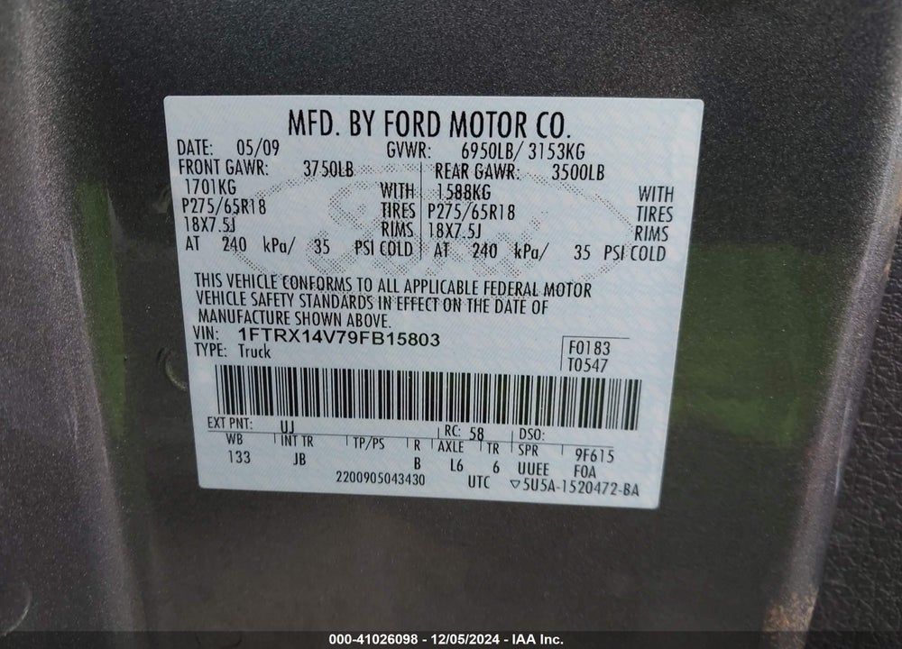 2009 FORD F150 VIN: 1FTRX14V79FB15803