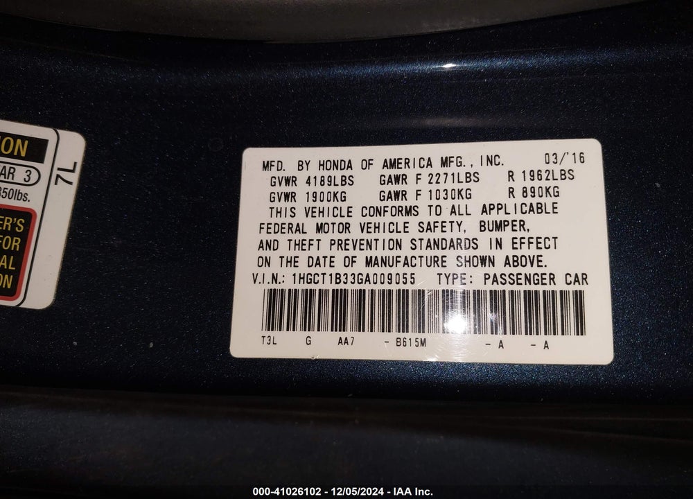 2016 HONDA ACCORD LX-S VIN: 1HGCT1B33GA009055