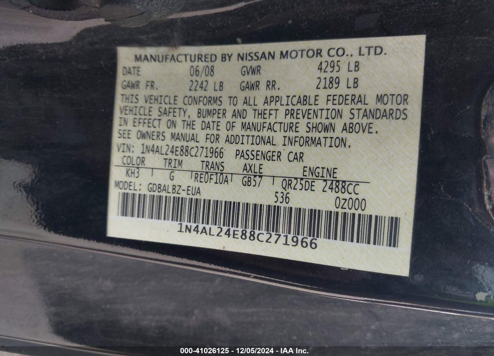 2008 NISSAN ALTIMA 2.5 S VIN: 1N4AL24E88C271966