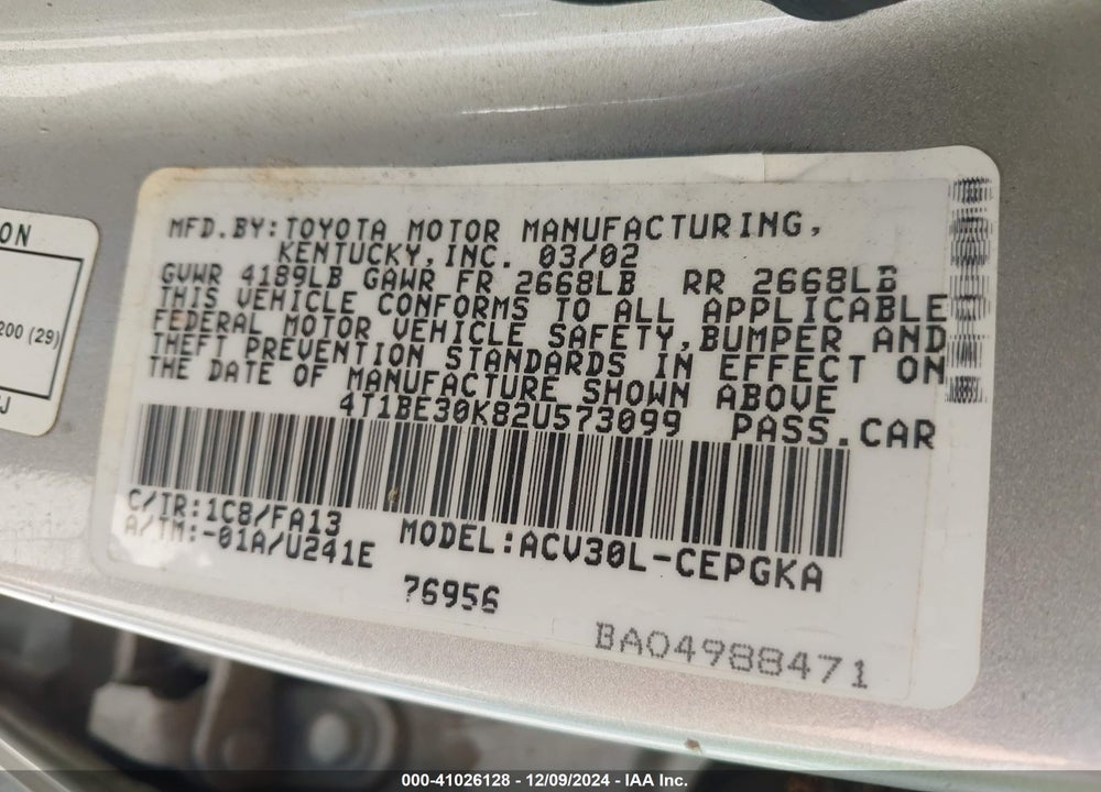2002 TOYOTA CAMRY XLE VIN: 4T1BE30K82U573099