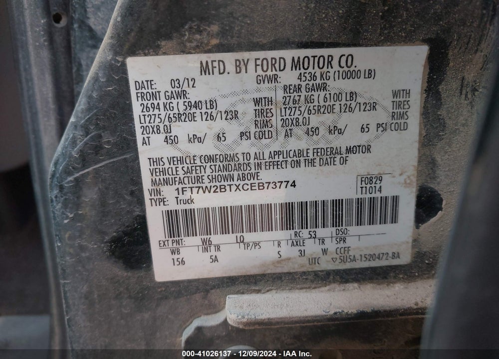 2012 FORD F-250 LARIAT VIN: 1FT7W2BTXCEB73774