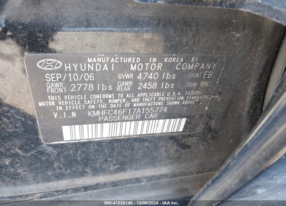2007 HYUNDAI AZERA LIMITED/SE VIN: KMHFC46F17A155774