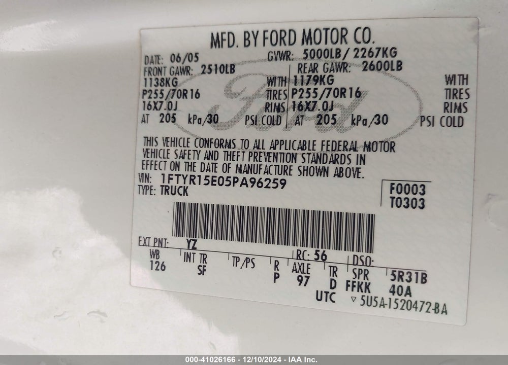 2005 FORD RANGER EDGE/XL/XLT VIN: 1FTYR15E05PA96259