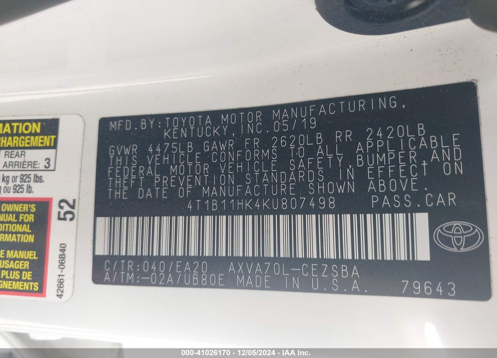 2019 TOYOTA CAMRY SE VIN: 4T1B11HK4KU807498