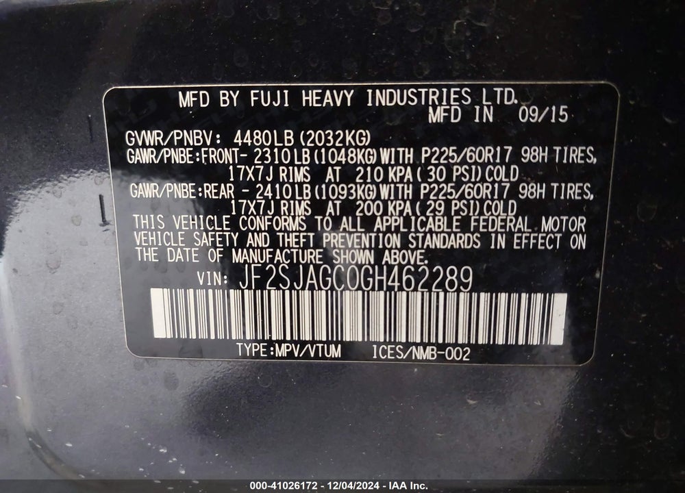 2016 SUBARU FORESTER 2.5I PREMIUM VIN: JF2SJAGC0GH462289