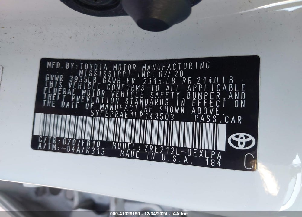 2020 TOYOTA COROLLA LE VIN: 5YFEPRAE1LP143503