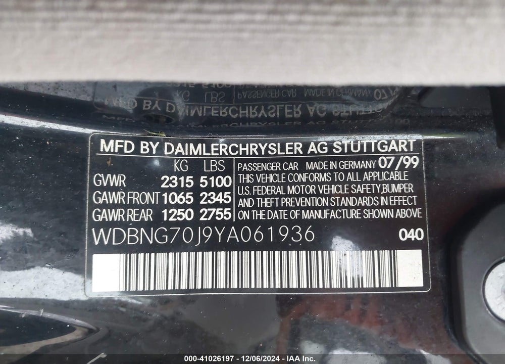 2000 MERCEDES-BENZ S 430 VIN: WDBNG70J9YA061936
