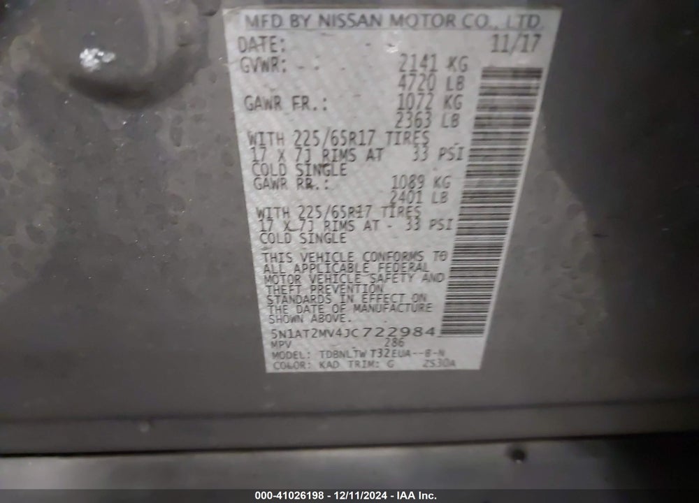 2018 NISSAN ROGUE SV VIN: 5N1AT2MV4JC722984
