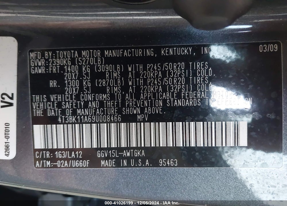 2009 TOYOTA VENZA VIN: 4T3BK11A69U008466