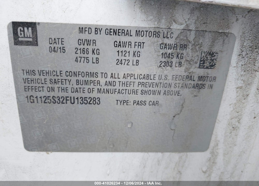 2015 CHEVROLET IMPALA 2LT VIN: 1G1125S32FU135283