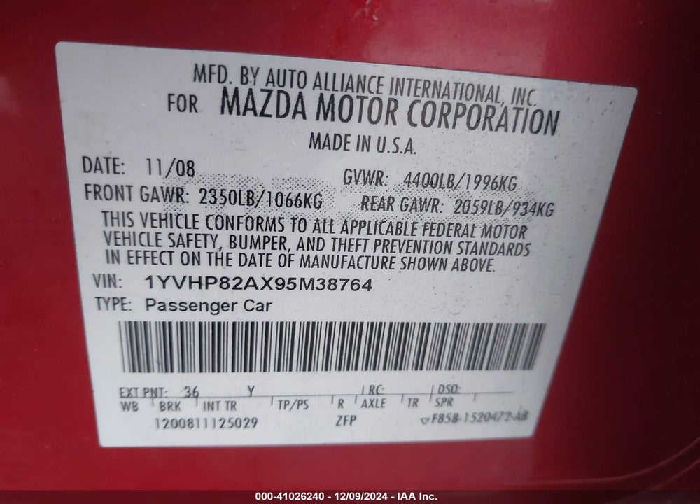 2009 MAZDA 6 I TOURING VIN: 1YVHP82AX95M38764