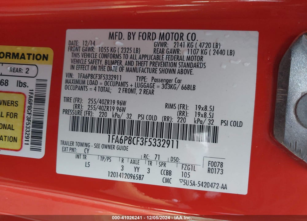 2015 FORD MUSTANG GT PREMIUM VIN: 1FA6P8CF3F5332911