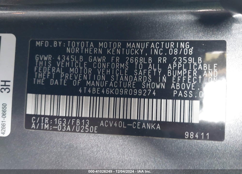 2009 TOYOTA CAMRY LE VIN: 4T4BE46K09R099274