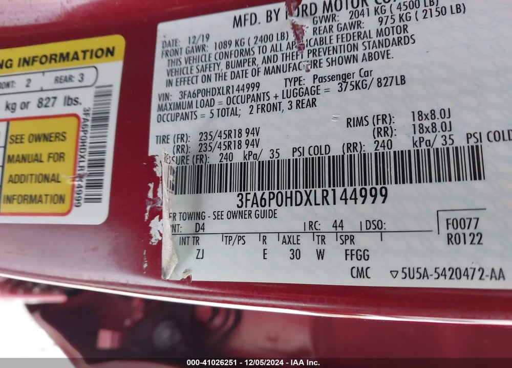 2020 FORD FUSION SE VIN: 3FA6P0HDXLR144999