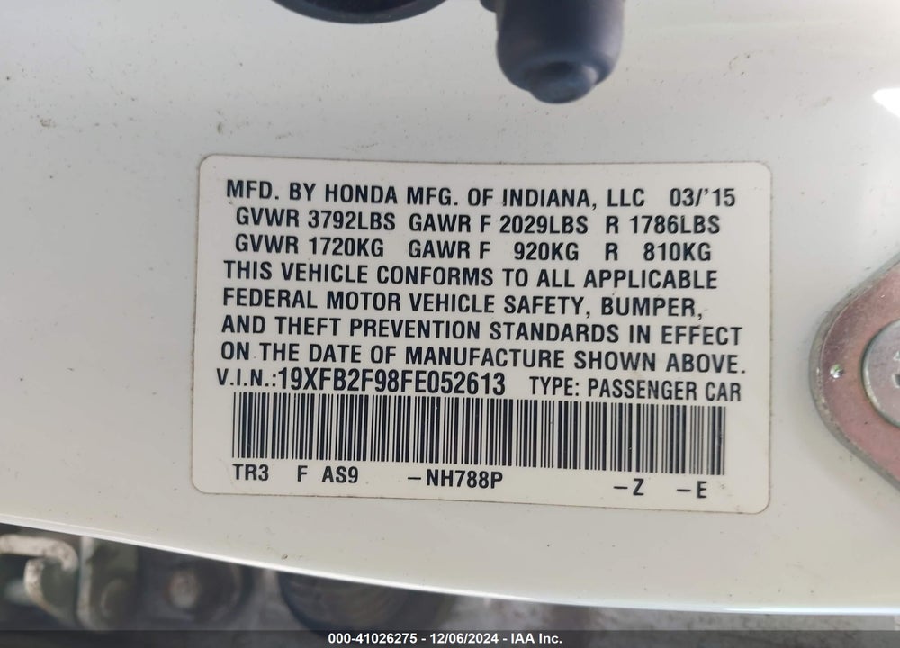 2015 HONDA CIVIC EX-L VIN: 19XFB2F98FE052613