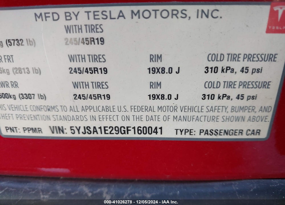 2016 TESLA MODEL S 60D/70D/75D/85D/90D VIN: 5YJSA1E29GF160041