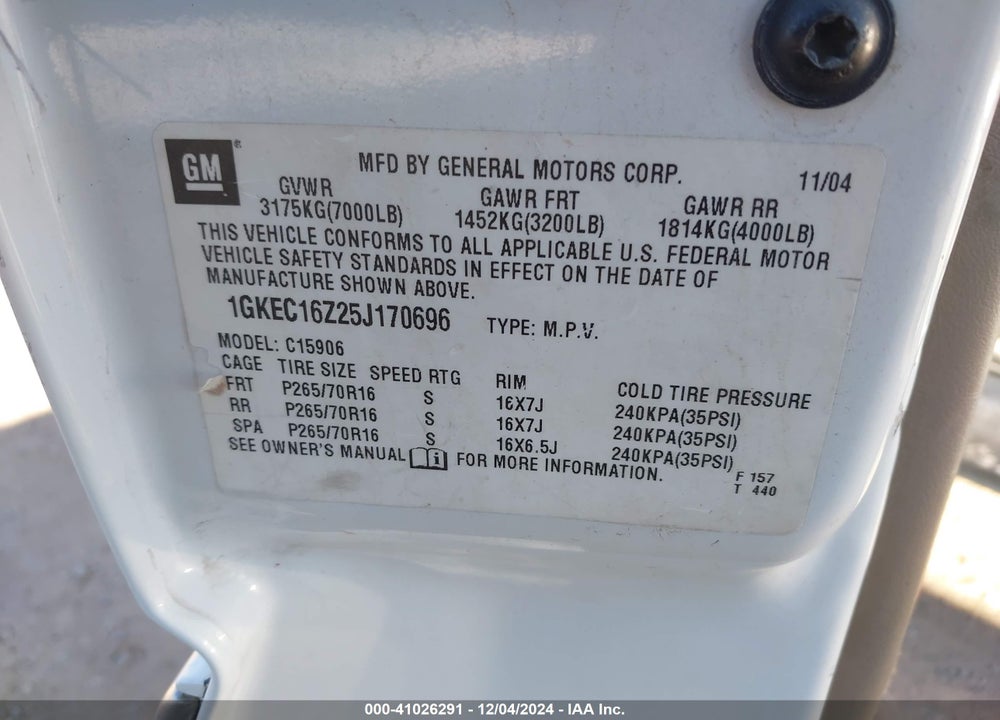 2005 GMC YUKON XL 1500 SLE VIN: 1GKEC16Z25J170696