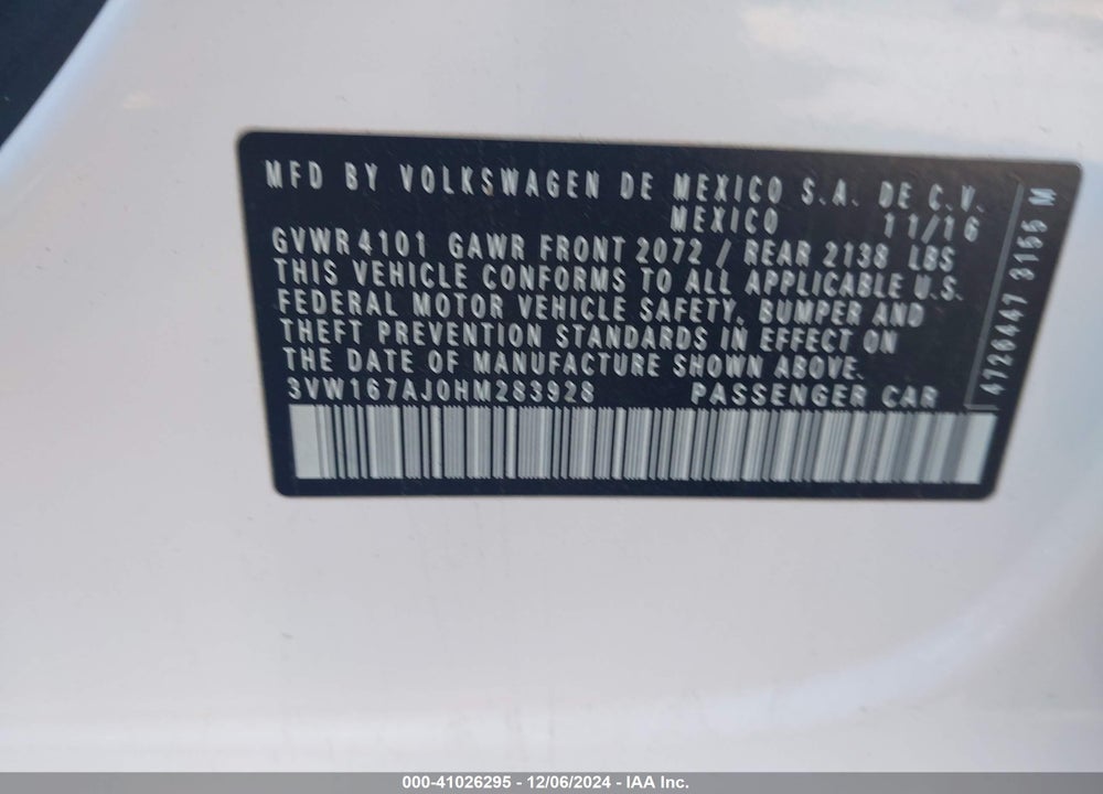 2017 VOLKSWAGEN JETTA 1.4T S VIN: 3VW167AJ0HM283928