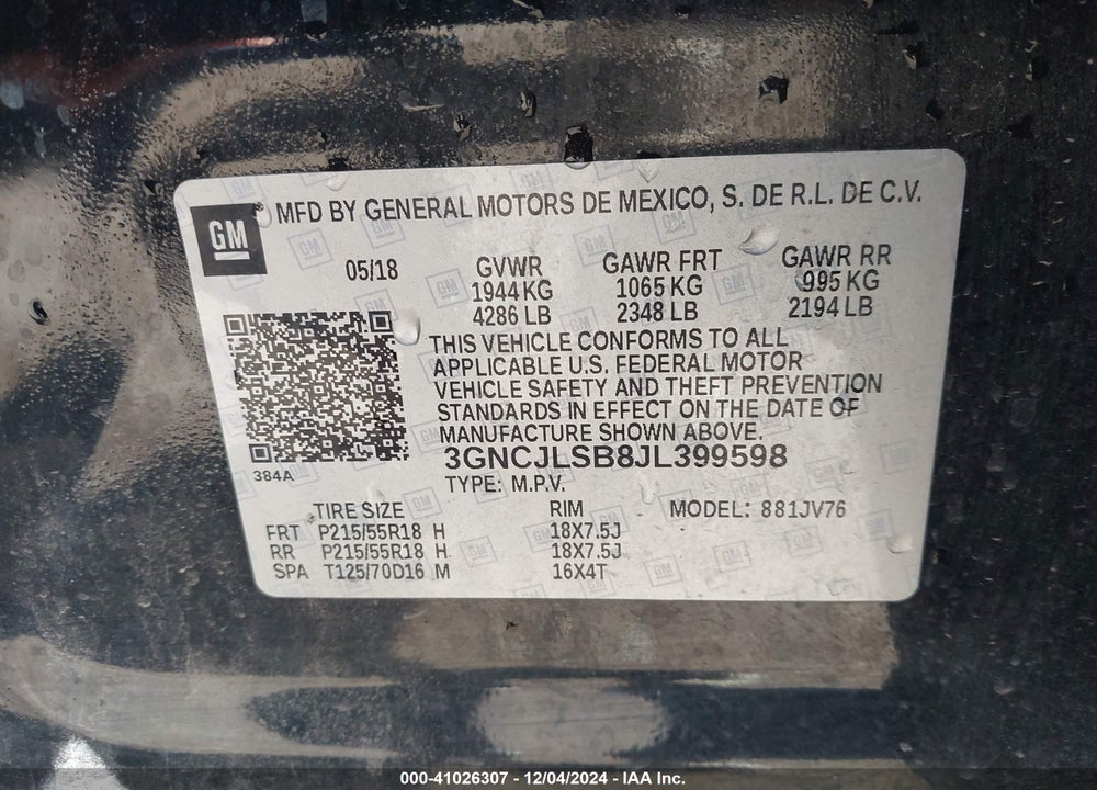 2018 CHEVROLET TRAX LT VIN: 3GNCJLSB8JL399598