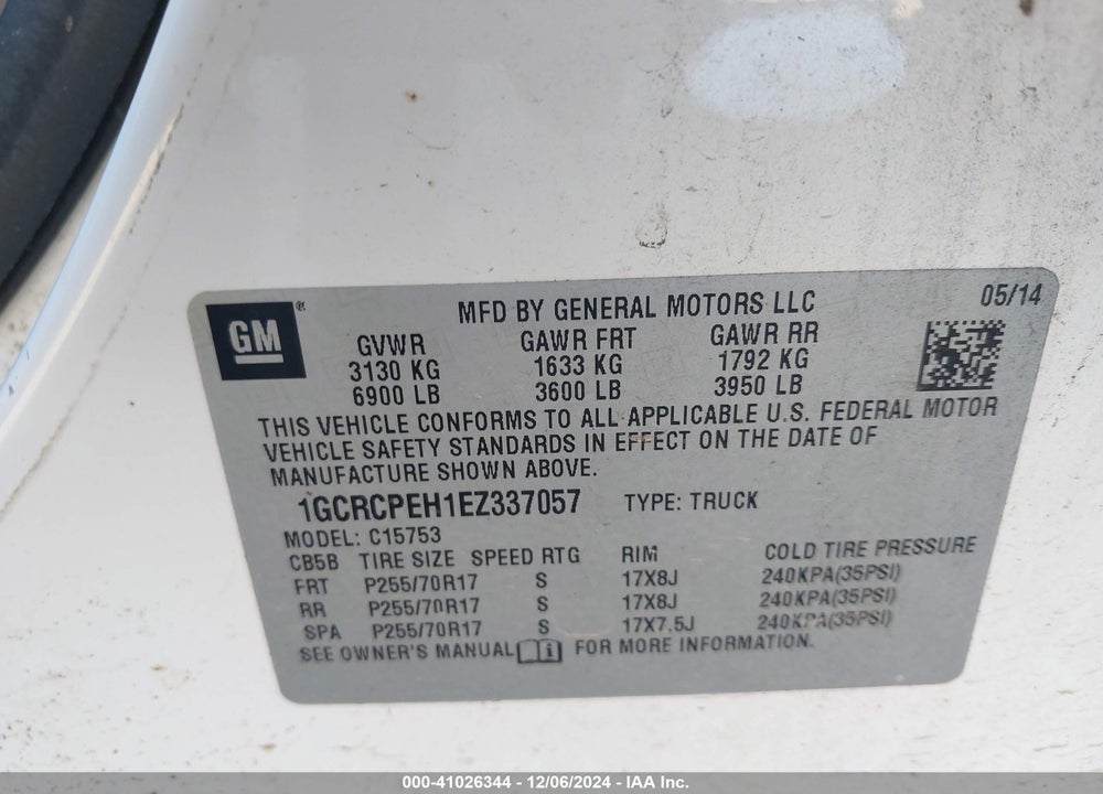 2014 CHEVROLET SILVERADO 1500 WORK TRUCK 1WT VIN: 1GCRCPEH1EZ337057