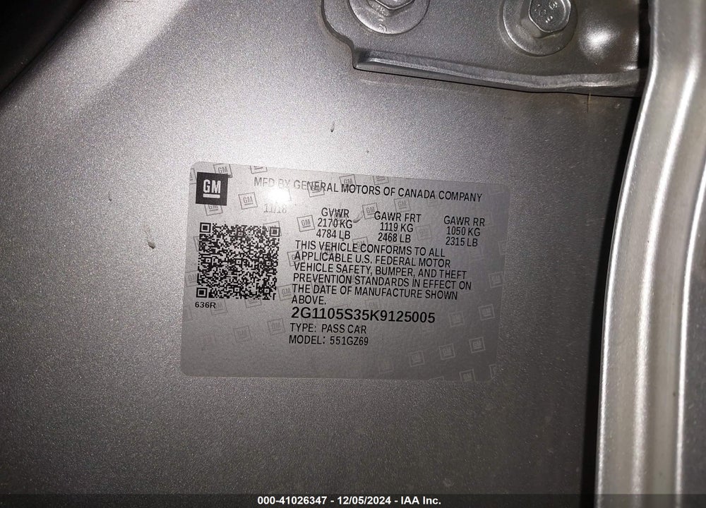 2019 CHEVROLET IMPALA PREMIER VIN: 2G1105S35K9125005