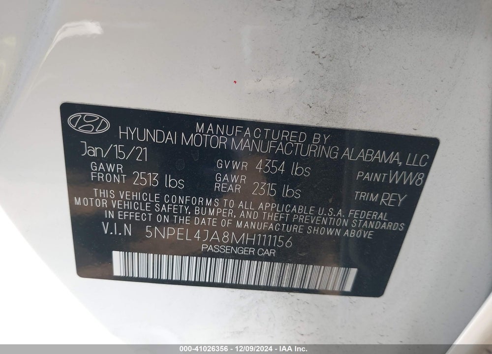 2021 HYUNDAI SONATA SEL VIN: 5NPEL4JA8MH111156