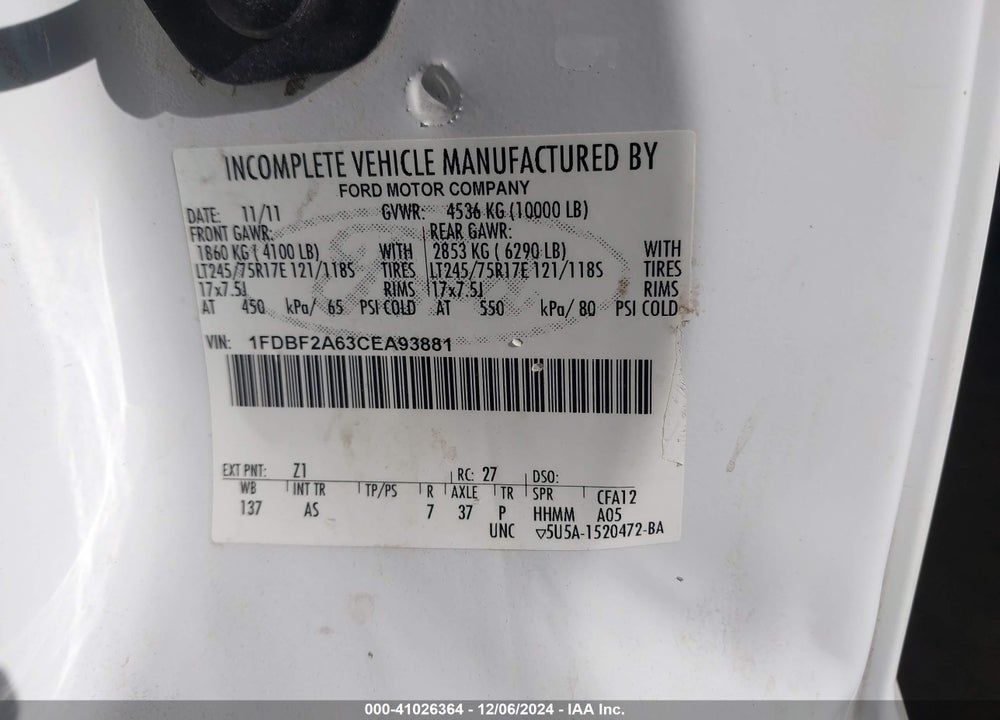 2012 FORD F-250 XL VIN: 1FDBF2A63CEA93881