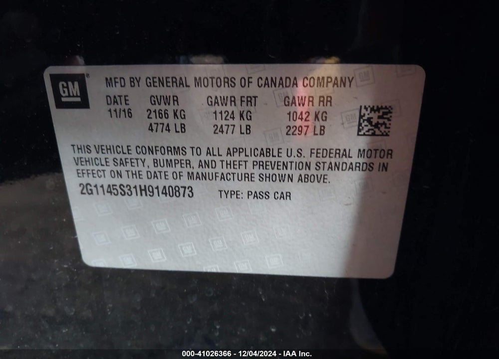 2017 CHEVROLET IMPALA VIN: 2G1145S31H9140873