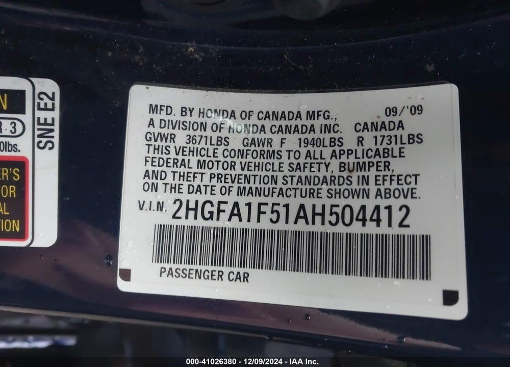 2010 HONDA CIVIC LX VIN: 2HGFA1F51AH504412
