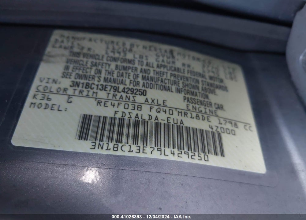 2009 NISSAN VERSA 1.8S VIN: 3N1BC13E79L429250