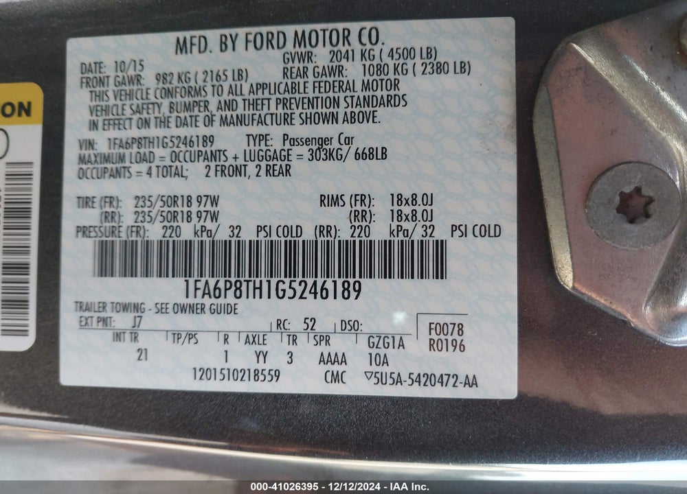 2016 FORD MUSTANG ECOBOOST VIN: 1FA6P8TH1G5246189