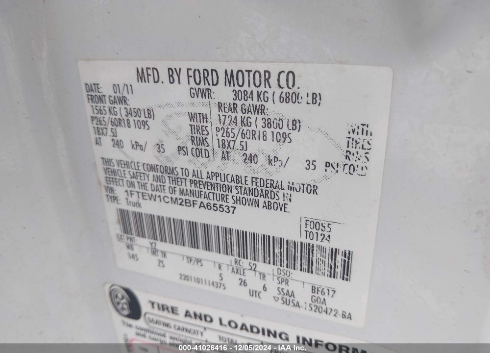 2011 FORD F-150 XLT VIN: 1FTEW1CM2BFA65537