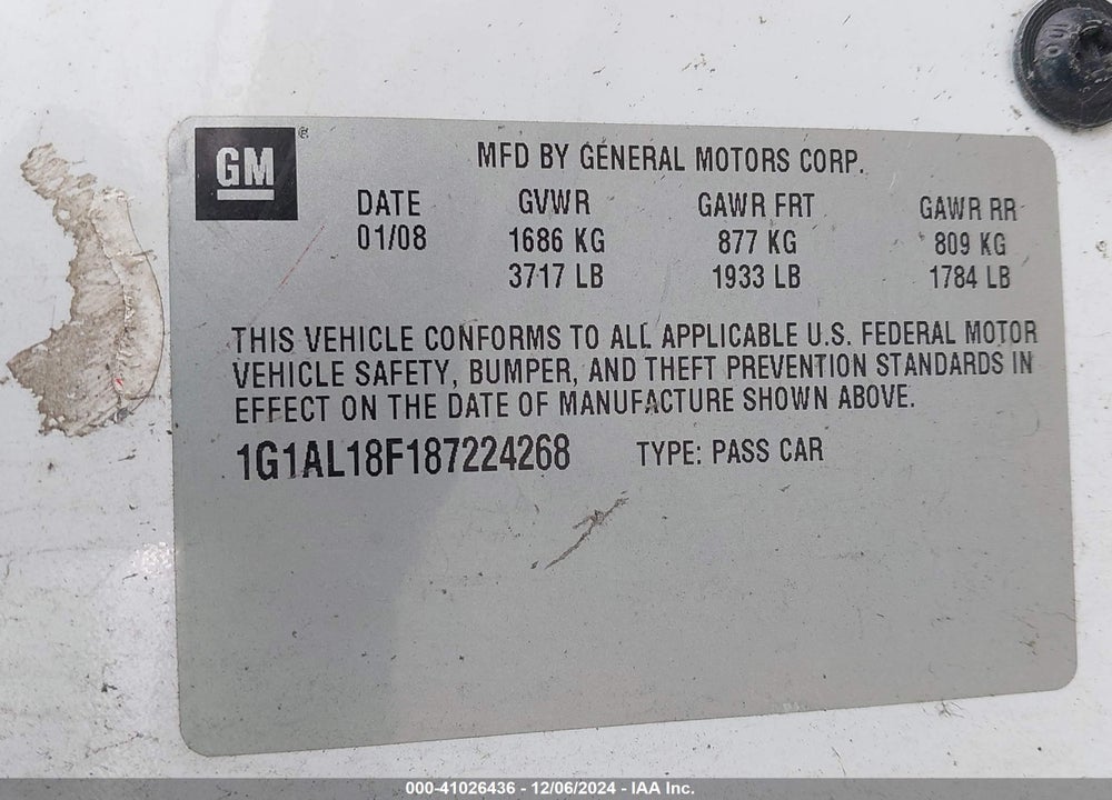 2008 CHEVROLET COBALT LT VIN: 1G1AL18F187224268
