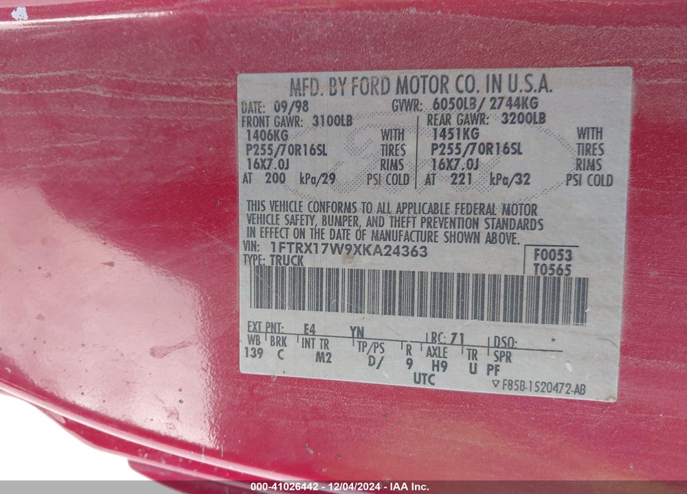 1999 FORD F-150 LARIAT/WORK SERIES/XL/XLT VIN: 1FTRX17W9XKA24363
