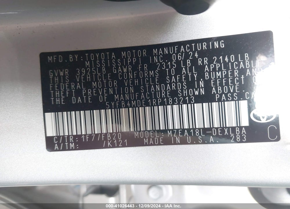 2024 TOYOTA COROLLA LE VIN: 5YFB4MDE1RP183213