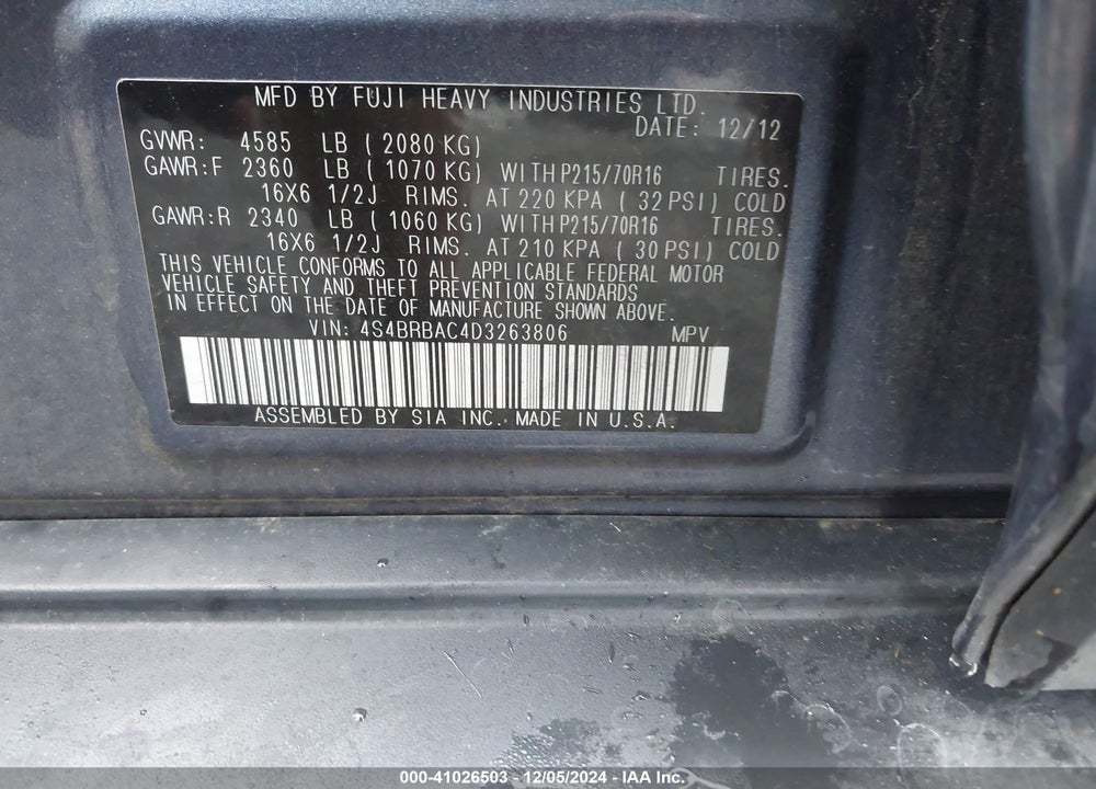 2013 SUBARU OUTBACK 2.5I VIN: 4S4BRBAC4D3263806