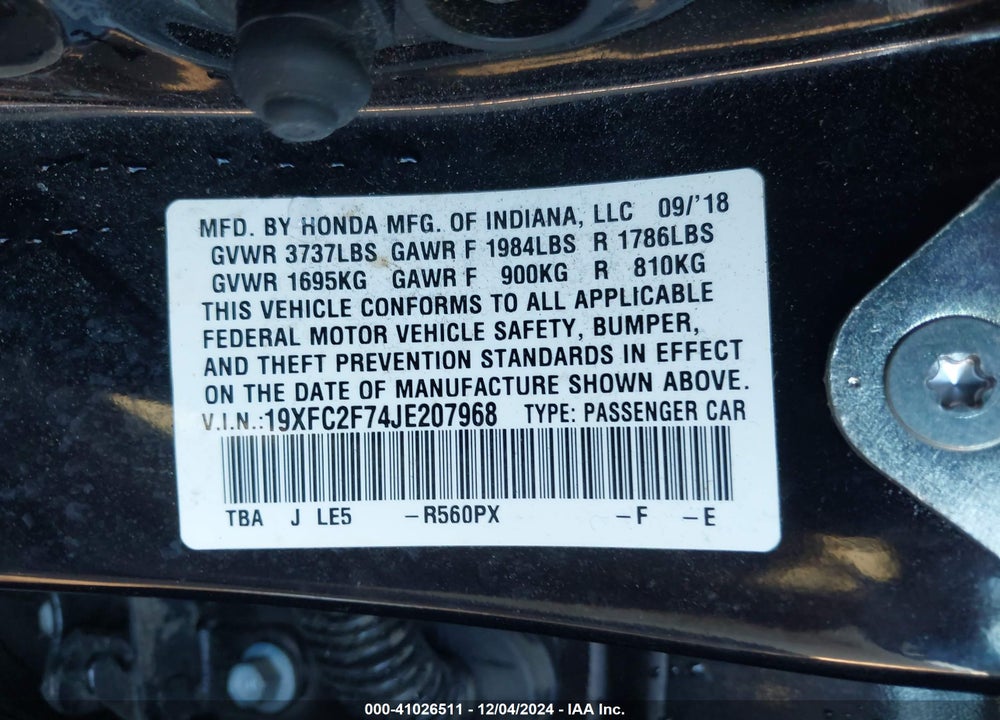 2018 HONDA CIVIC EX VIN: 19XFC2F74JE207968