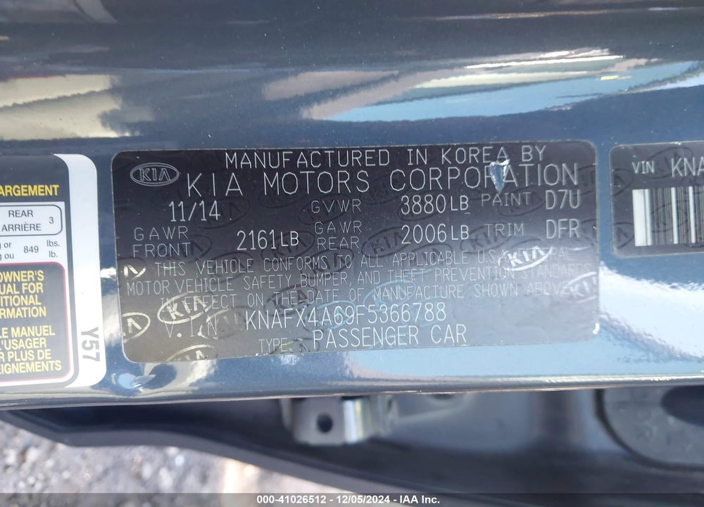 2015 KIA FORTE LX VIN: KNAFX4A69F5366788