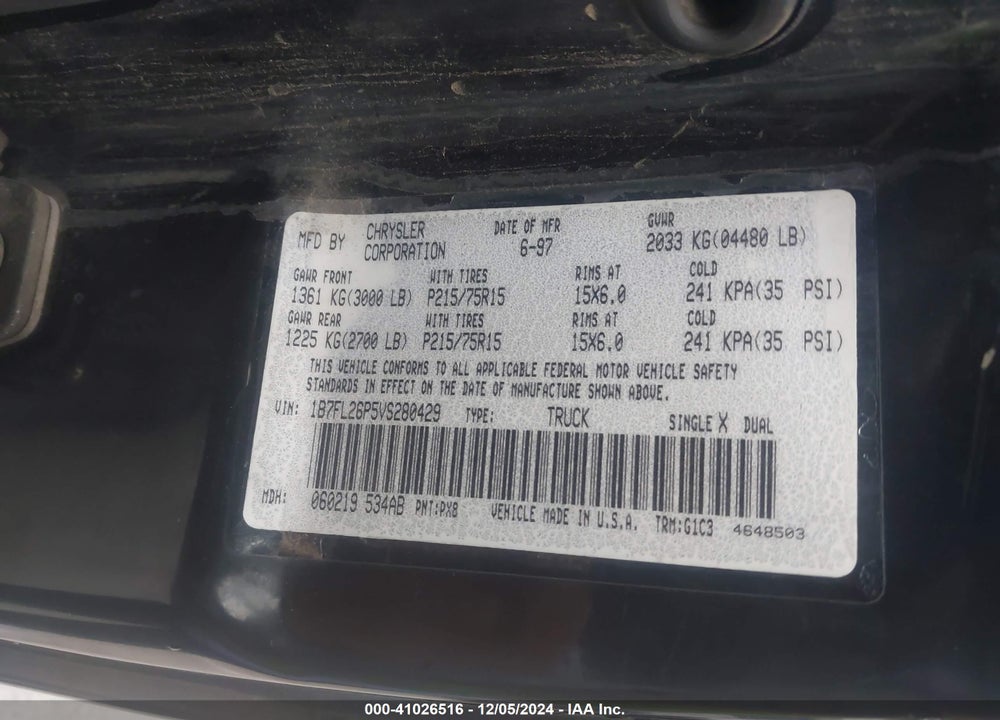 1997 DODGE DAKOTA SPORT VIN: 1B7FL26P5VS280429